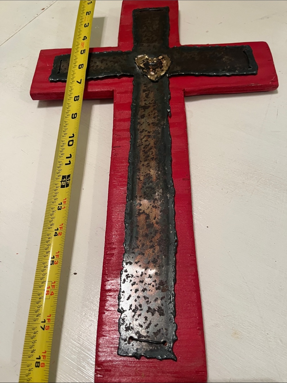 Decorative Red Wooden Cross Wall Art with Metal Inlay